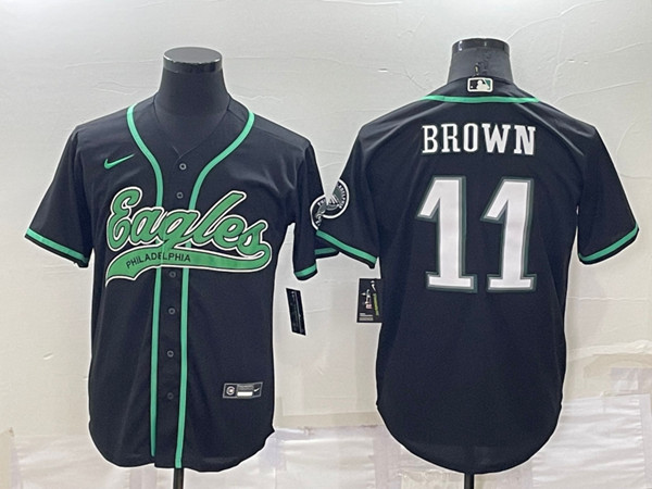 Men's Philadelphia Eagles #11 A. J. Brown Black Cool Base Stitched Baseball Jersey